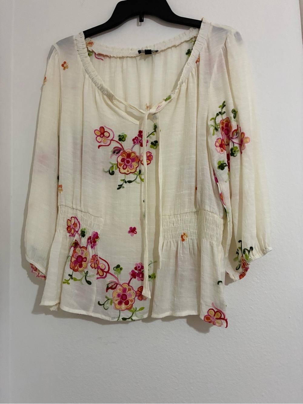 Embroidered Cream Peasant Tunic with Pink Floral Accents